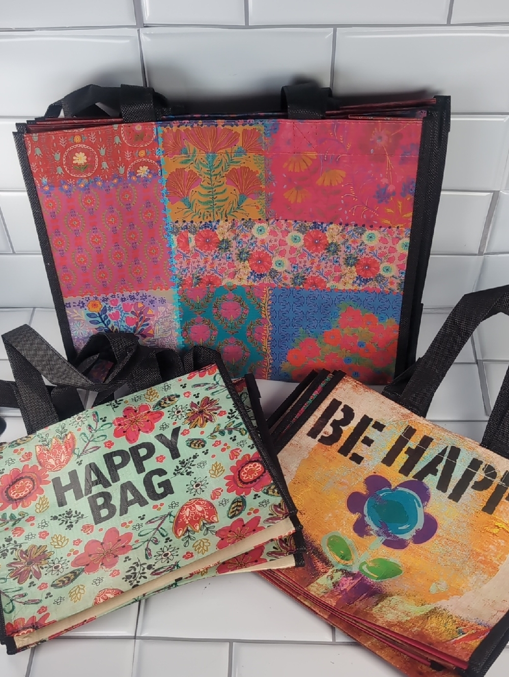 Natural Life Colorful Floral "Happy Bag" Tote Set Of 10 New